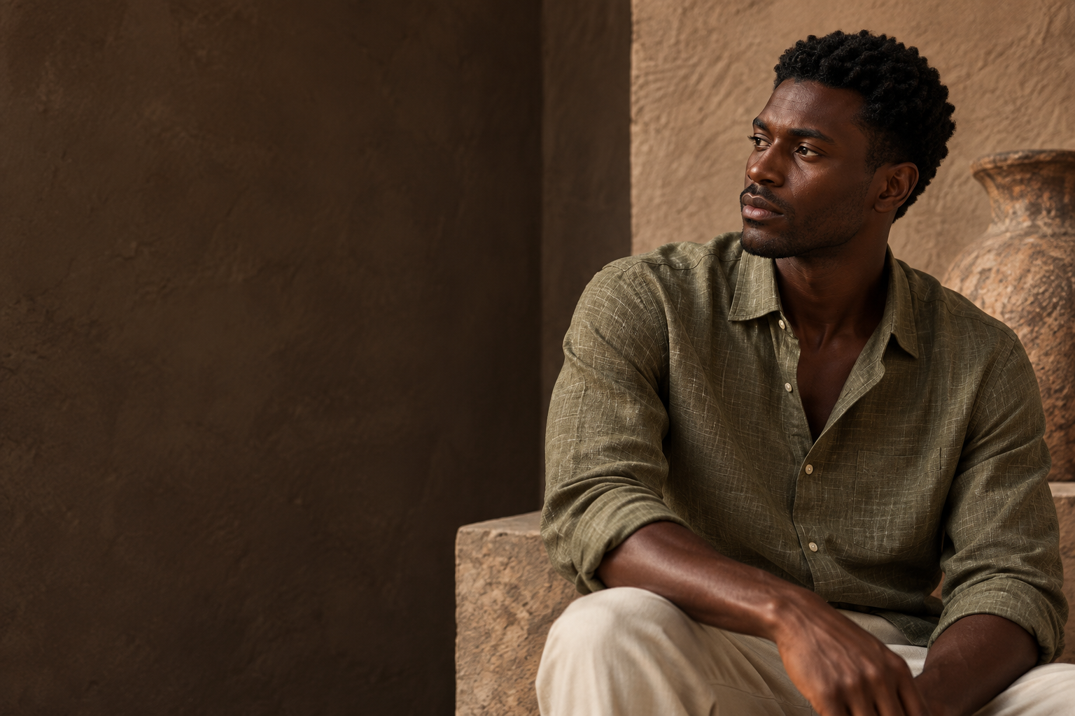 Menswear campaign: a seated model wearing an olive shirt against warm stone